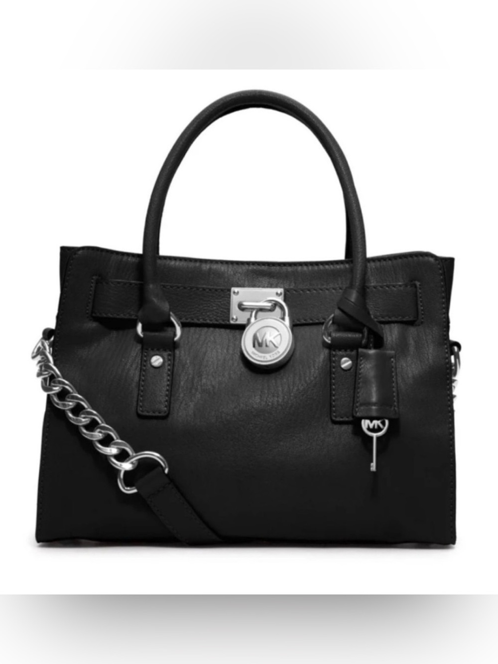 Michael Kors Black Leather Satchel with Silver Chain Accent